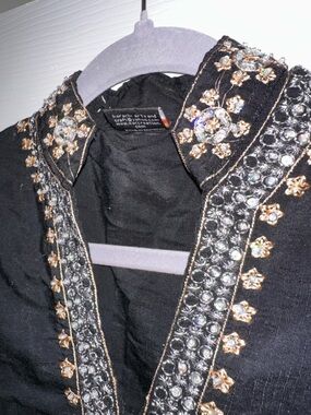 Embellished Black Tunic with Rhinestone & Gold Flower Trim size L